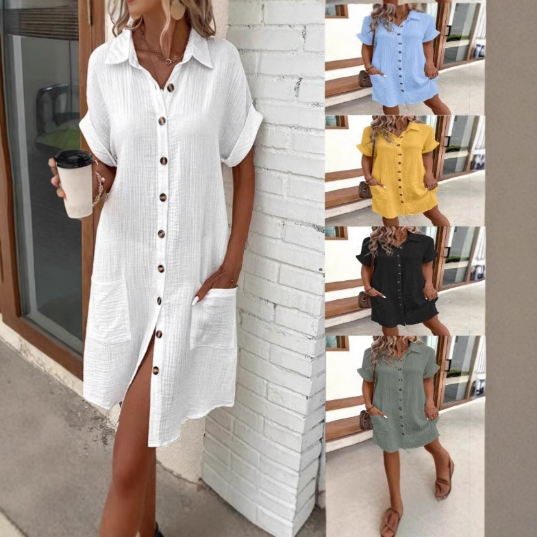 2026 Amazon European and American Cross-Border Casual Solid Color Single-Breasted Mid-Length Short-Sleeved Loose Casual Dress for Women