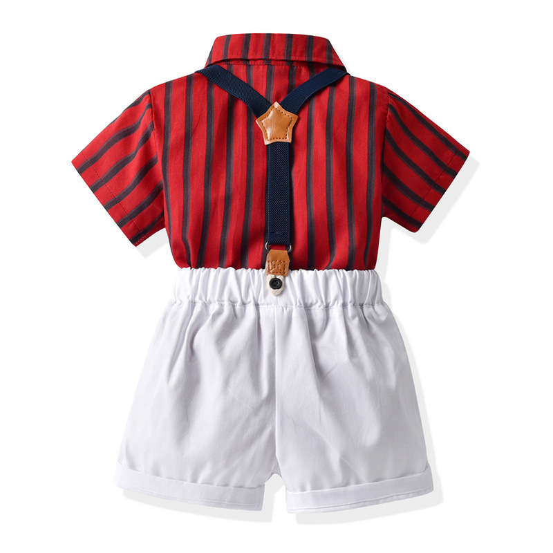 Verano para niños coreanos con collar rayado corbata de manga corta cardigan con pantalones de dos piezas de vestido de boda para niños modelado