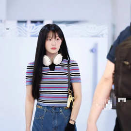 明星同款 凯旋门撞色条纹翻领短袖针织衫女夏季复古修身显瘦上衣