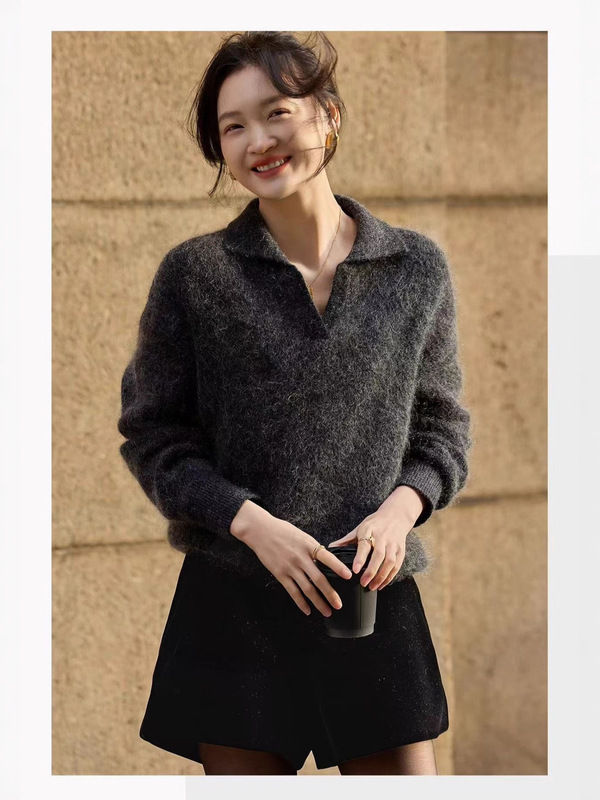 哥家商场同款女装2025秋季时尚通勤慵懒风V领软糯针织衫毛衣上衣|undefined