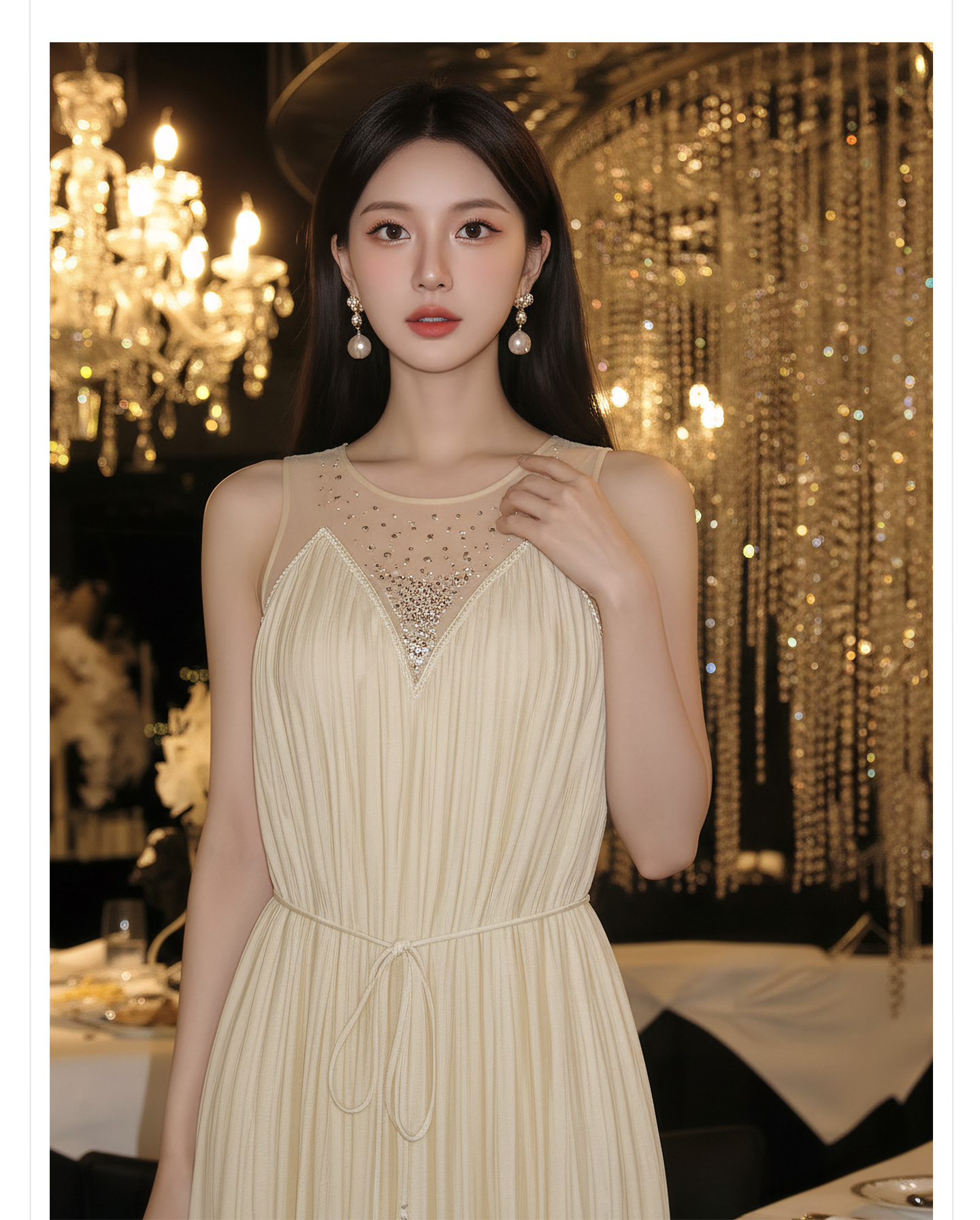 Đầm maxi nữ thắt eo không tay, cổ tròn, phối ren và vải lưới đính đá, tay áo xếp ly bồng — màu nâu, màu mơ chi tiết 2