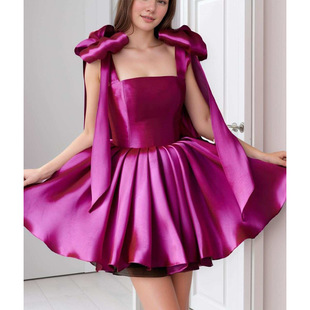Short Satin Wedding Dress Thin Shoulder Strap Backless A- Line Dress Banquet Party Dress Purple Amazon Supply