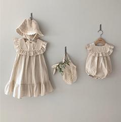 2024春夏ins女嬰兒無袖包屁哈衣田園風荷葉邊條紋寶寶連體衣爬服