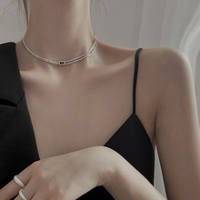 韩版S925银双层不对称项链女复古时尚气质方形锁骨链创意ins饰品