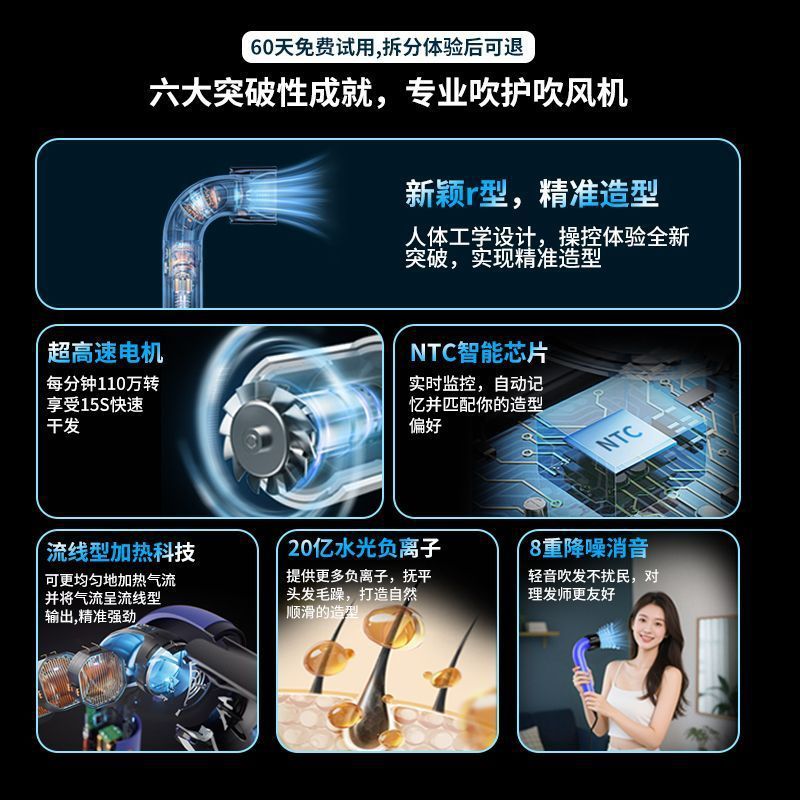 2025跨境弯道吹风机便携式吹风筒发廊造型电吹风高速无叶大风力|undefined