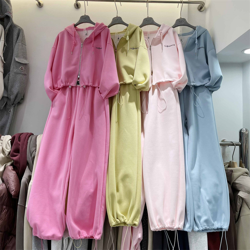 European and American Women's Casual Suit Pure Color Long-Sleeved Zipper Cardigan Drawstring Hooded Sweatshirt Sports Elastic Pants Two-Piece Set