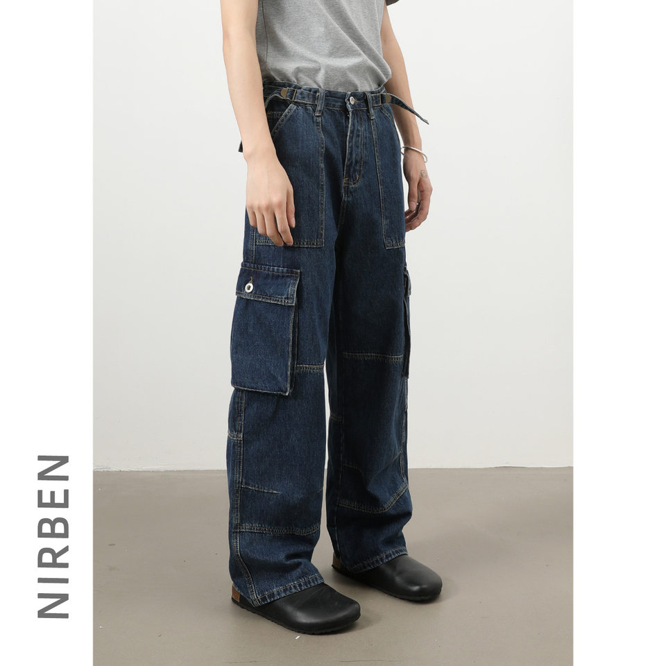 Quần jeans nam ống rộng thẳng phong cách đường phố, nhiều túi, lưng giữa eo — màu xanh đậm
