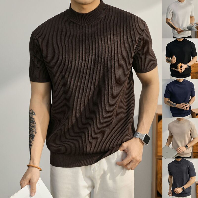 Knitted Short-Sleeve T-Shirt for Men, Half-High Collar, Ribbed Ice Silk, Summer Cross-Border Factory Wholesale, Ice Silk Quick-Dry
