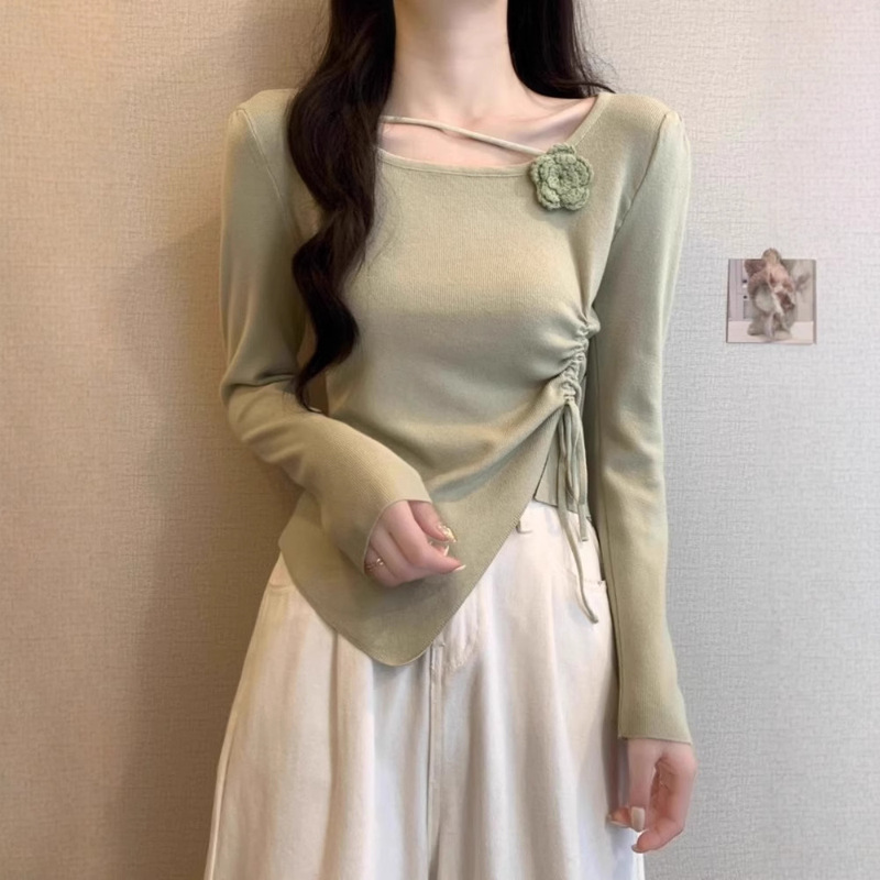 Three-dimensional Flower Long-sleeved Wool Sweater Women's Spring and Autumn New Drawstring Tight Waist Slimming Irregular Short Small Top