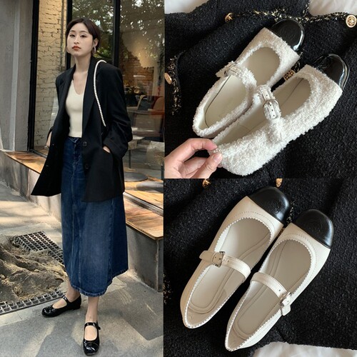 Xiao Xiangfeng Camellia Mary Jane Shoes Spring Cowhide Color Matching Round Toe Strap Flat Bottom Doll Pump Shoes for Women