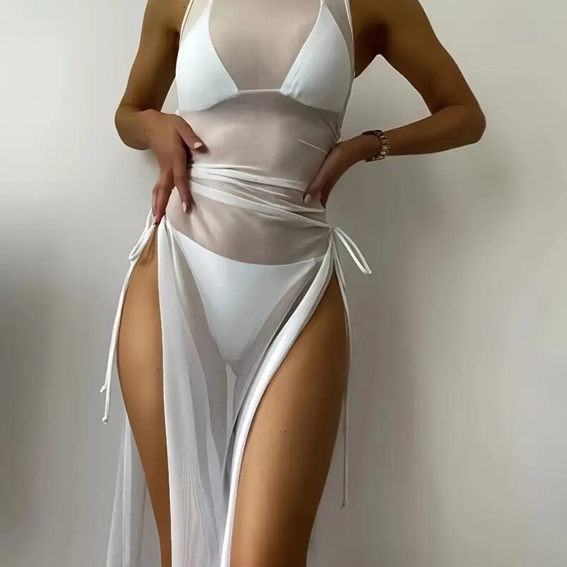 2025 Amazon New European and American Sexy Solid Color Sun Protection Cover-Up Swimsuit Beach Skirt Swimsuit Women's European and American Cross-Border