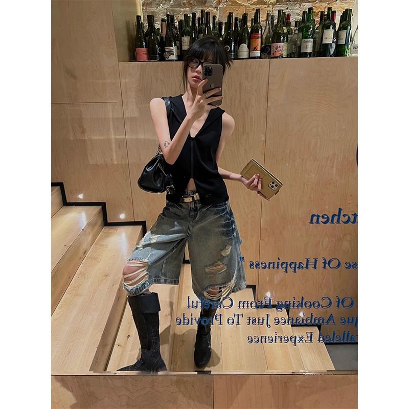 American Retro Washed Ripped Street Style Denim Shorts for Women Versatile Casual Loose Wide-Leg Knee-Length Straight Pants for Women