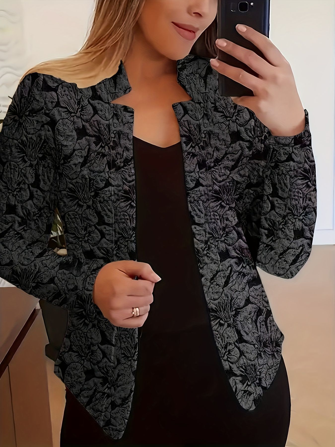 Retro Print Blazer for Women Casual Long Sleeved Open Front Office And Workplace Suitable Blazer_ecoleips.com