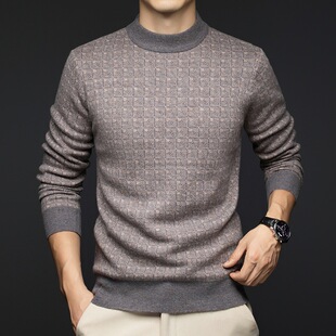 Pure Wool Sweater Men's Autumn and Winter New Plaid Crewneck 100 Sheep Wool Men's Sweater Business Commuter Sweater