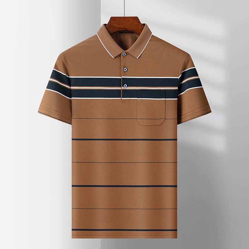 Men's Polo Shirt High-grade Sense Yarn-dyed Striped Short-sleeved T-shirt Flip Golf Jersey in stock Casual Top Ice Silk