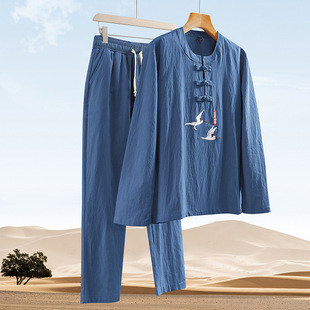 New Tang Suit for Middle-Aged and Elderly Men, Long-Sleeved Cotton and Linen Suit for Morning Exercise, Four-Season Han Dynasty Buckle Chinese Style Embroidered Daddy Suit