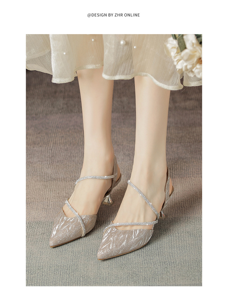 Sandal cao gót nữ mũi nhọn bít mũi đính đá phong cách Pháp — Y781 màu bạc chi tiết 20