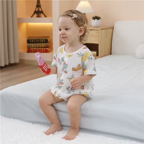 Summer thin pure cotton gauze short-sleeved baby clothes jumpsuit newborn baby boy's baby crawling suit