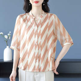 2025新款夏装桑蚕丝印花洋气妈妈中袖衬衫女休闲立领真丝衬衣上衣