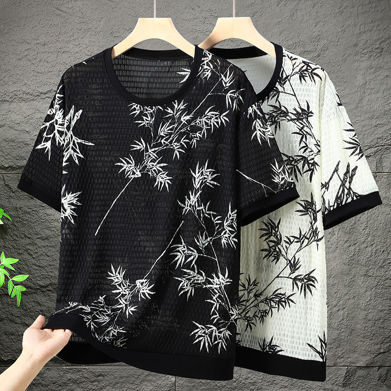 350kg plus size hollow national style bamboo short sleeve T-shirt men's 2025 summer new tide brand quick-drying T-shirt men's jacket