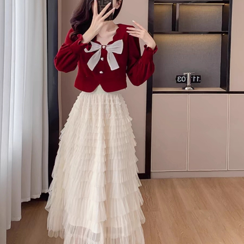 秋套装女小个子穿搭一整套小香风上衣服层层网纱蛋糕半身裙两件套|undefined