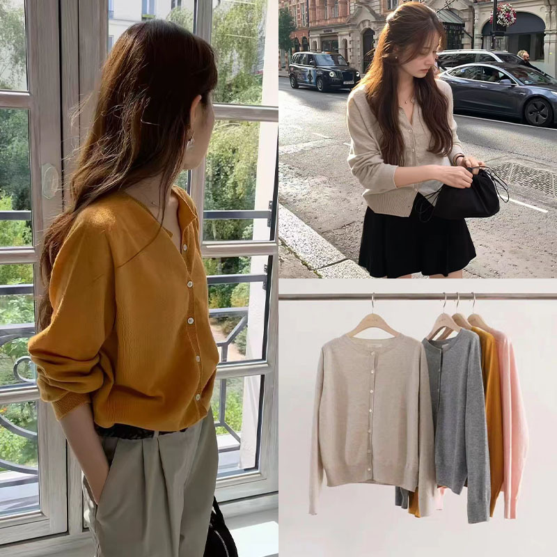 Fan Sun·Xh Korean-Style Round-Neck Slim-Fit Knitted Cardigan Dongdaemun Autumn New Elegant Gentle Solid Color Top for Women