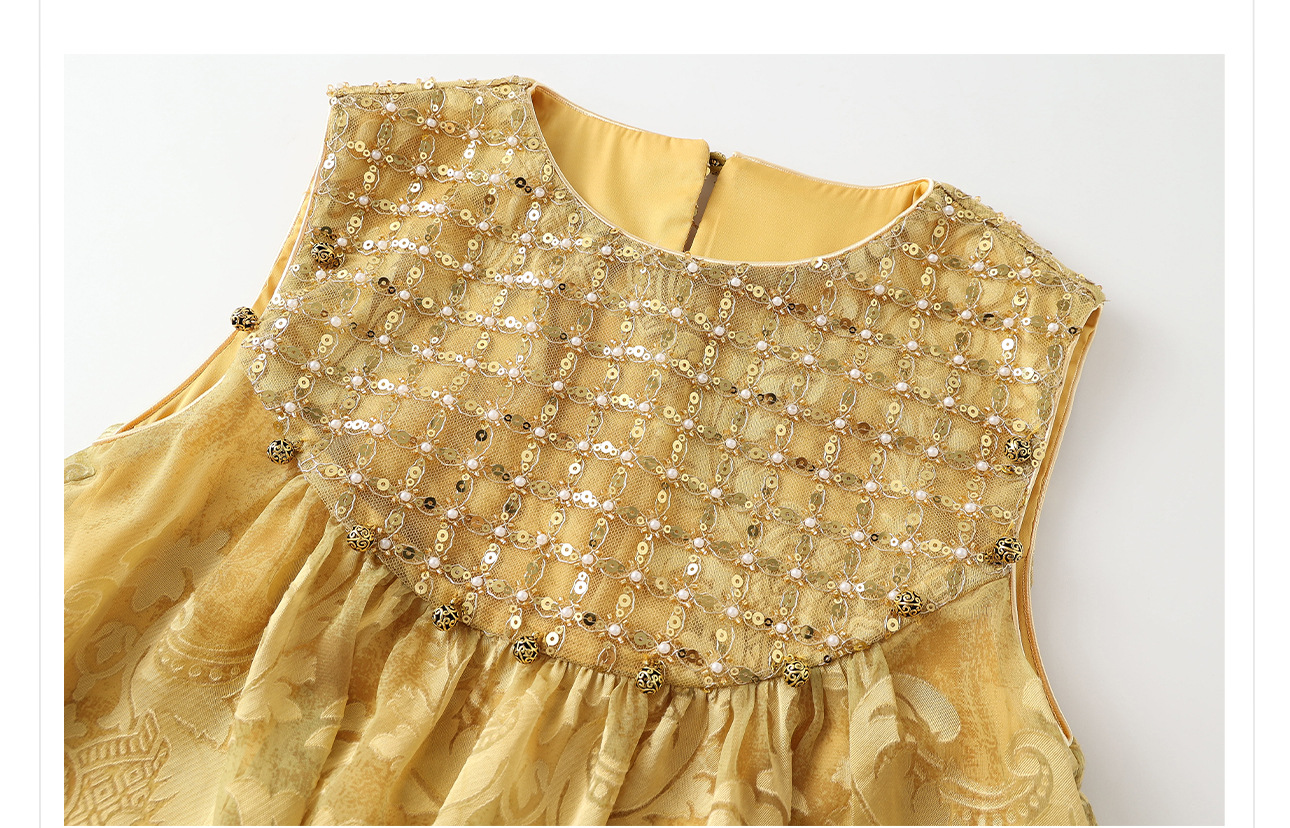 Đầm maxi nữ phong cách Trung Hoa mới, tay không, đính cườm lụa, dáng thắt eo N6041 — màu vàng, xanh lá cây chi tiết 45