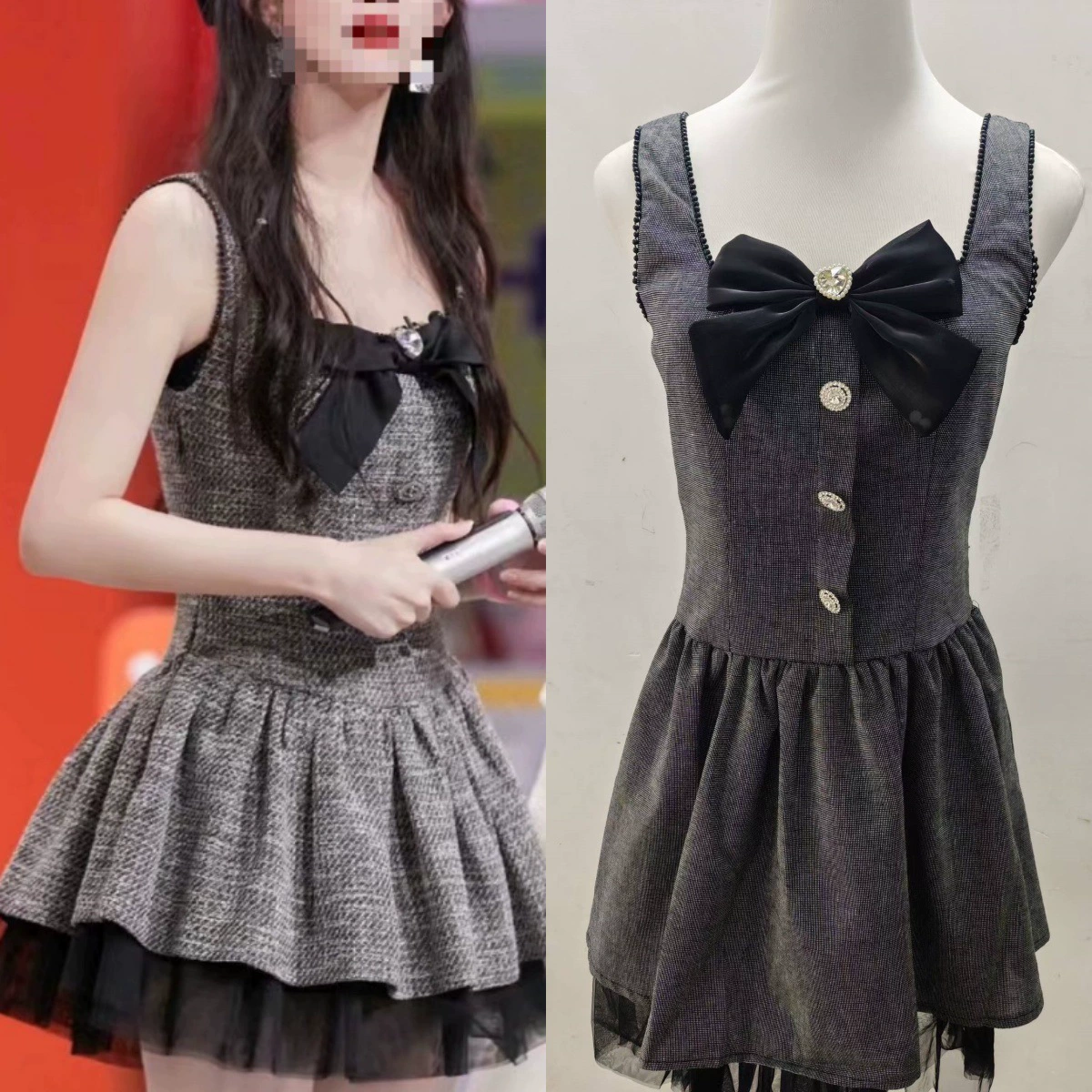 Долгосрочный склад 2025 лето Мэнцзи Ийонг стиль бантик-ремешок пышная юбка стразы пэчворк торт черное платье