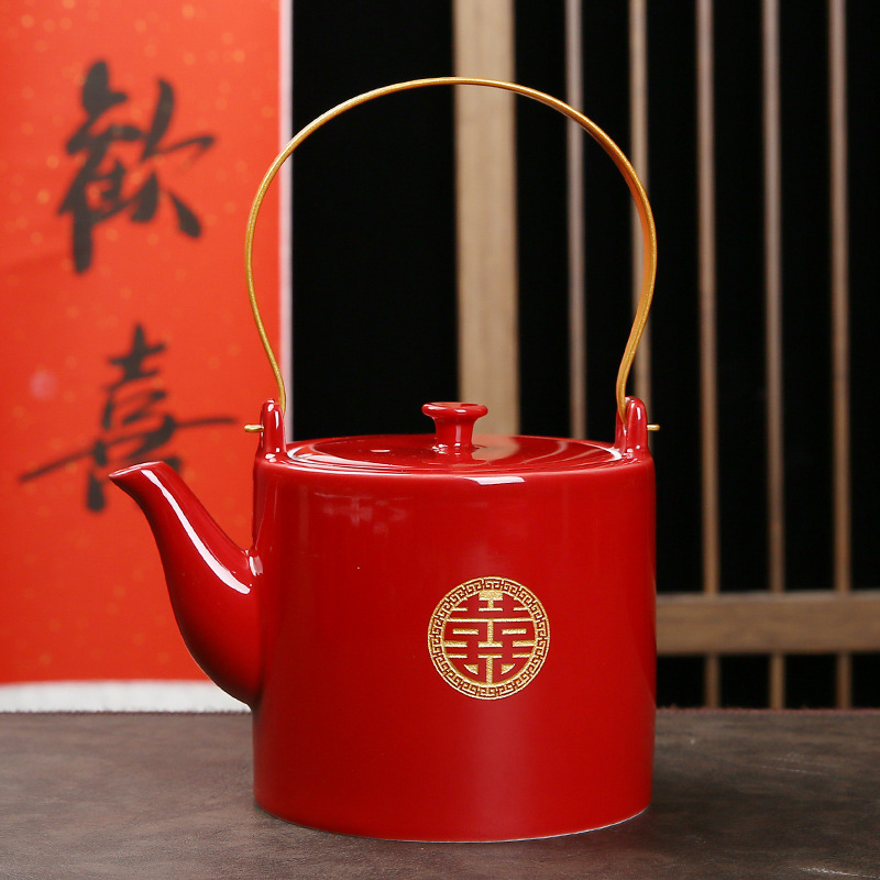 陶瓷茶壶餐厅酒店饭店家用大号老式提梁单壶带过滤网凉水壶900ML|undefined