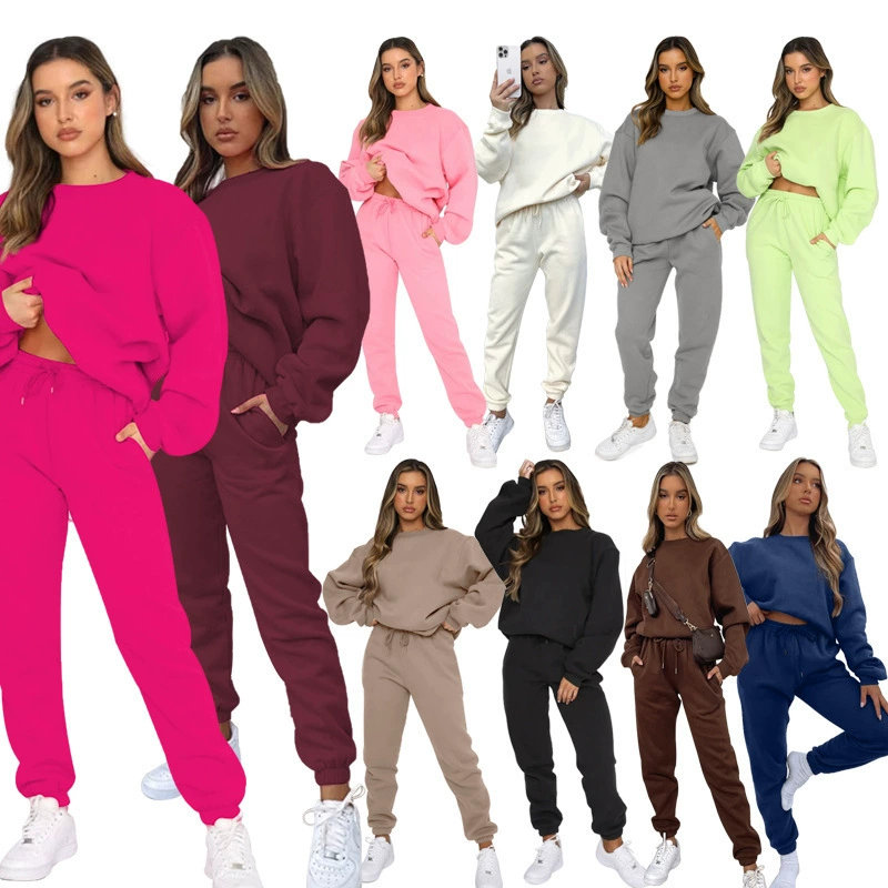 Трансграничные европейские и американские осенние и зимние сплошные брюки с круглым вырезом брюки женская мода повседневная одежда с длинными рукавами новый