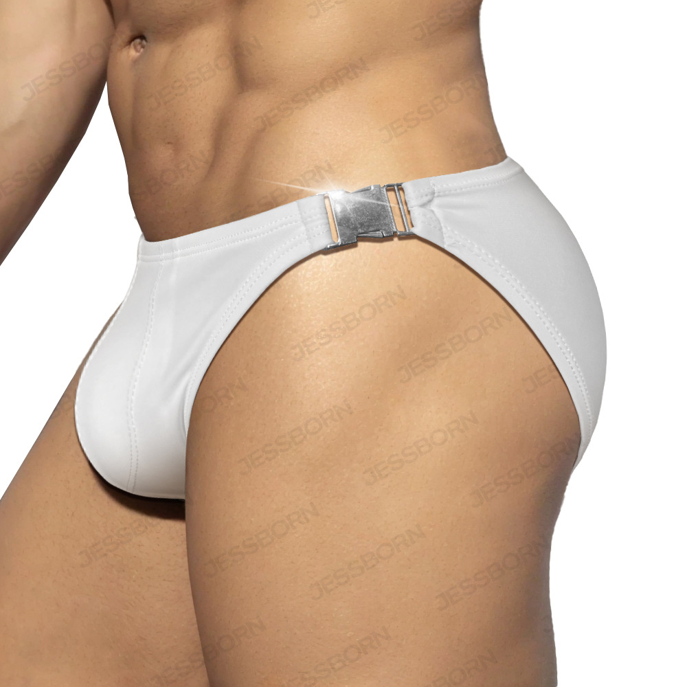 JESSBORN Men's Unilateral Metal Buckle Triangle Swim Trunks Side Slit Low Waist Sexy Hot Spring Swimming Pool Trunks