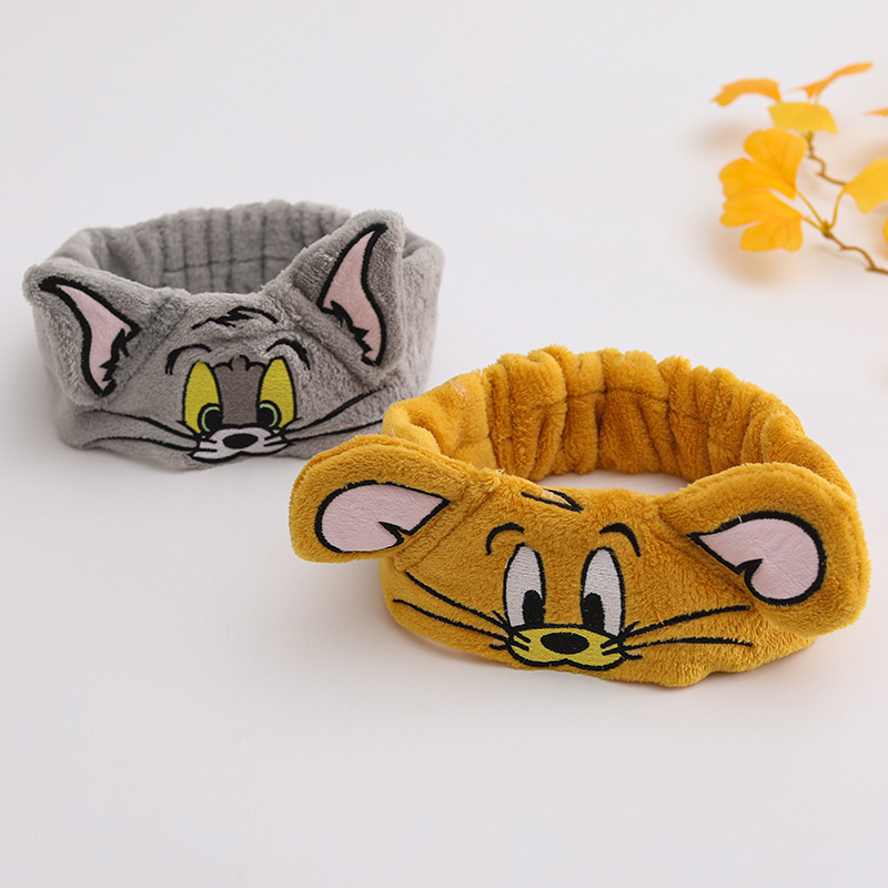 Círculos de dibujos animados banda de pelo para lavar la cara gato y ratón tocado de ojos grandes velcro banda de pelo adorable estudiante tarjeta de pelo al por mayor