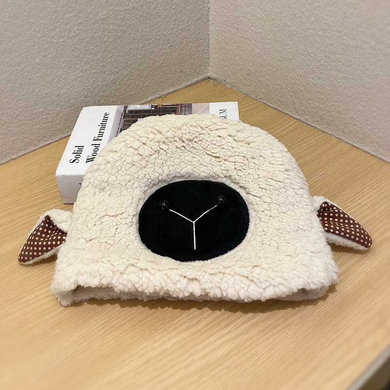 保暖毛绒帽子女可爱羊羔毛耳朵包头帽套头冷帽冬季卡通护耳帽加绒|ru