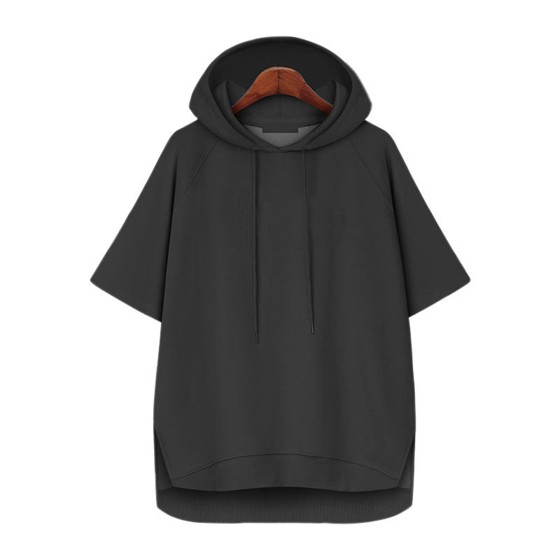Estilo coreano color sólido simple verano cordón camiseta verano Mujer suéter con capucha manga corta suelta split 200kg Campus Todo a juego