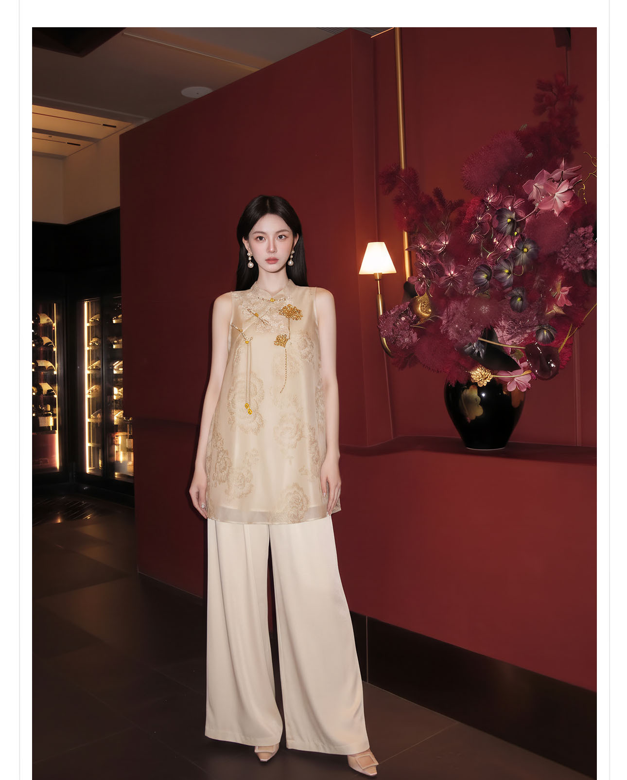 Đầm maxi nữ thắt eo thiết kế cổ điển họa tiết hoa nổi — Gừng chi tiết 8
