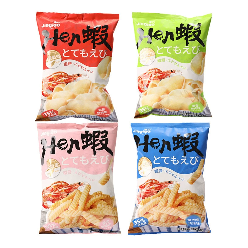 Креветочные снеки (Jinqiao), 55г–42г, пышные крекеры с 35% креветочного мяса, разные вкусы