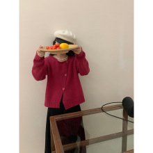 韩式甜妹斜门襟全羊毛厚针织开衫女温柔短款休闲针织上衣外搭秋冬