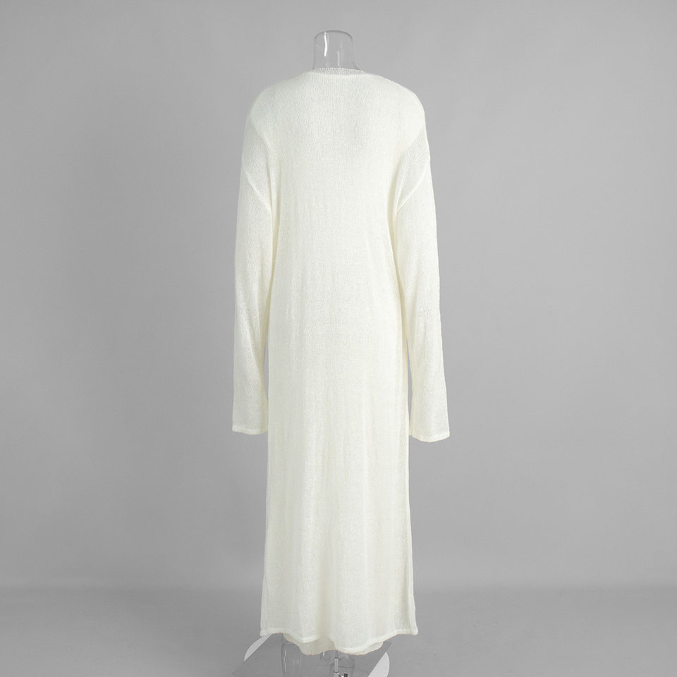 Bộ đầm dệt kim hai mảnh nữ gồm áo cardigan dài tay và đầm liền thân dáng dài — trắng, tím chi tiết 5