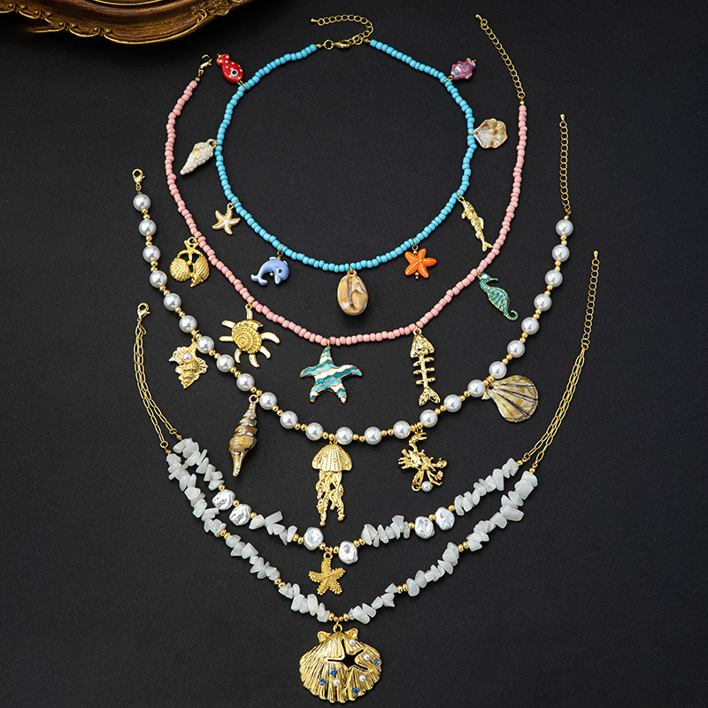 Scallop Starfish Conch Marine Style 18K Gold Plated Alloy Seed Bead Multi Charms Necklace Wholesale display picture 1