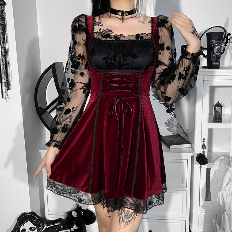 Vestido Manga Larga Estilo Gótico Terciopelo Contraste NSGYB99730