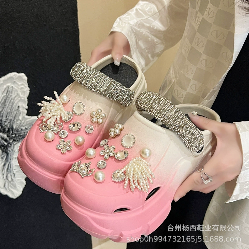 Heavy Industries премиум-класса стразы жемчужная обувь для пещер женщины 2024 новая летняя мода снаружи носить толстые подошвы пляжные холодные тапочки