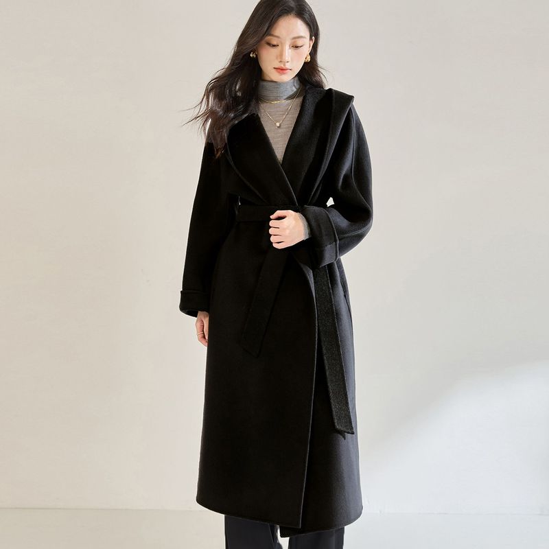 25秋冬新款休闲时尚宽松翻领浴袍长款连帽双面呢大衣外套女22672|undefined