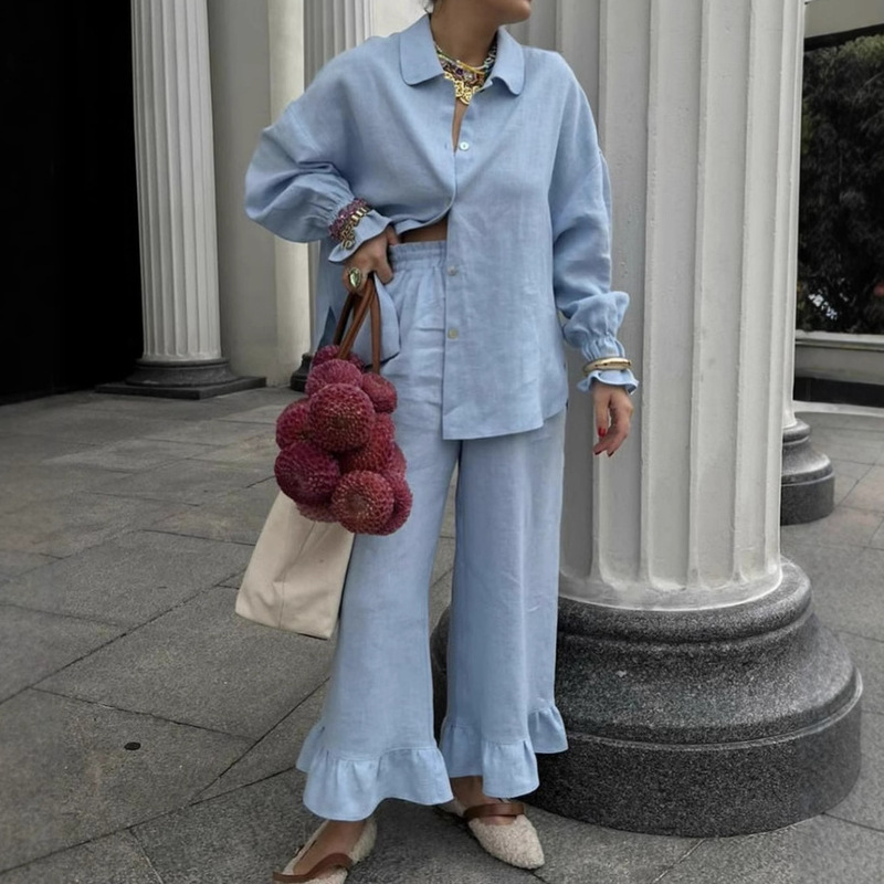 Ins Autumn 2024 Niche Ruffled Design Casual Blue suit Cross-border Loose Shirt Pants Two-piece Set