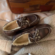 现货小众新款韩版做旧圆头系带加绒乐福鞋百搭真皮平底小皮鞋女