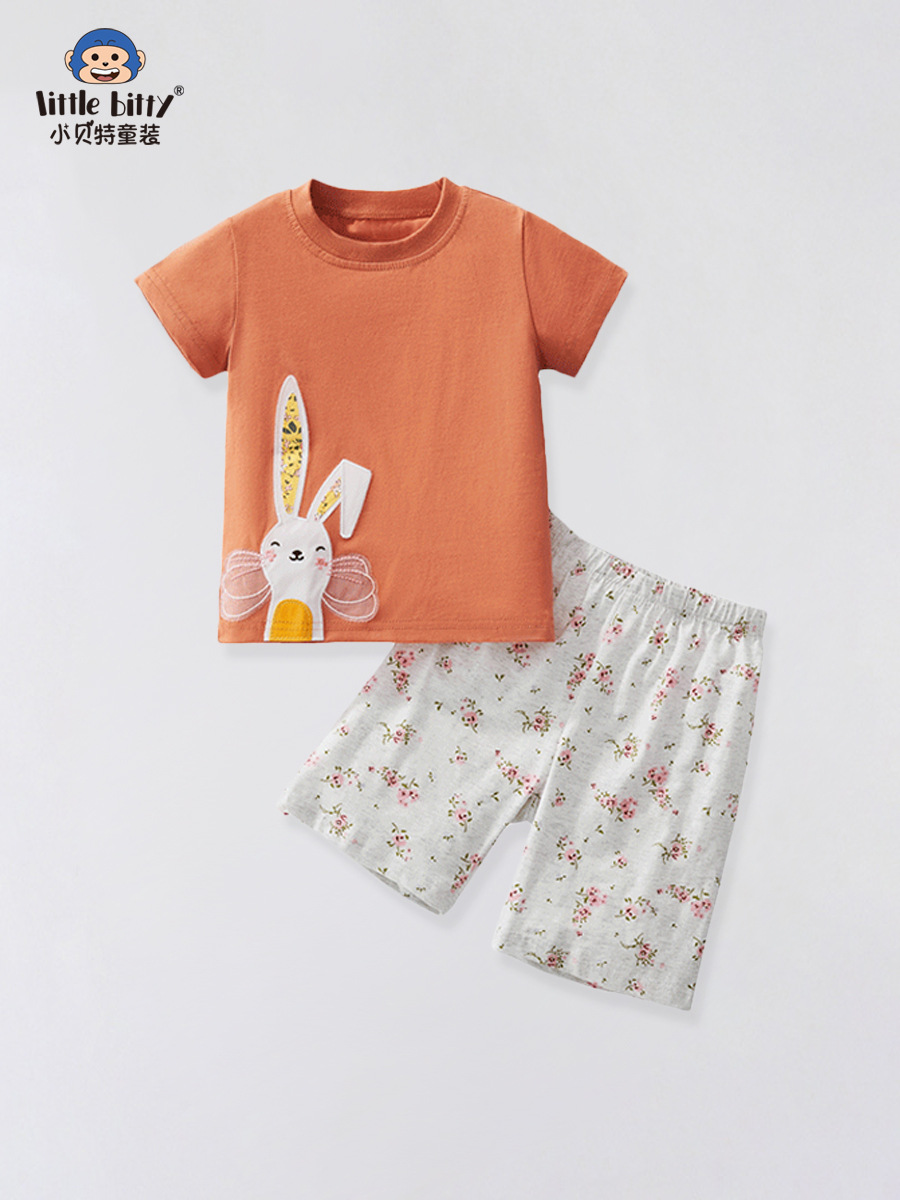 2025 Summer New Kidsren's Short-Sleeved Suit Casual and Comfortable Cartoon Rabbit Print T-Shirt Factory Consignment