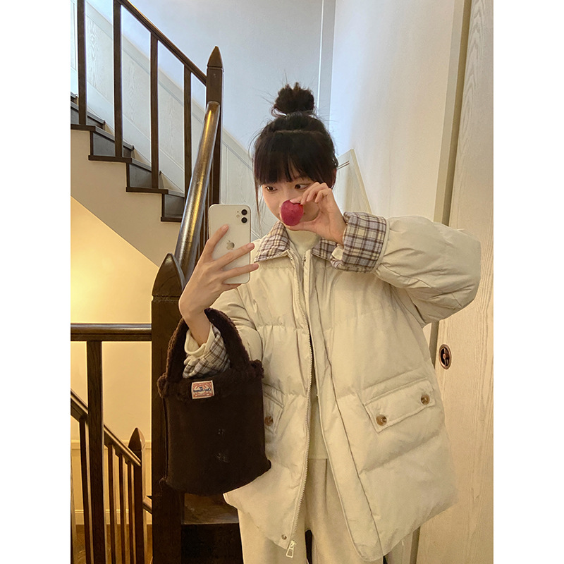 奶兔星球-自制 拼接格子衬衫式翻领羽绒服女冬季2023新款保暖外套