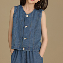 韩版女童夏装套装2024新款洋气儿童无袖V领上衣直筒拖地裤两件套