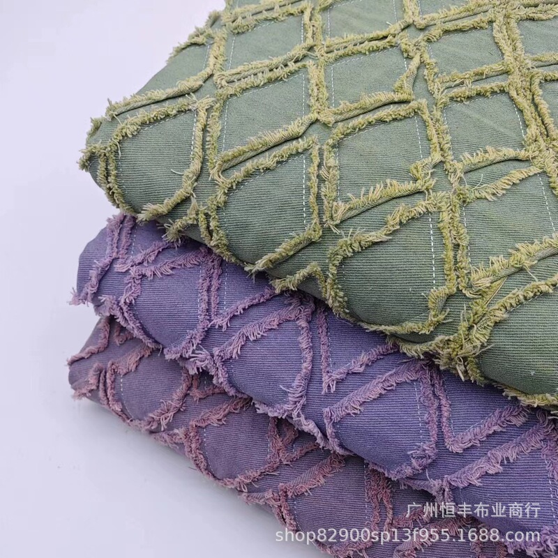 Diamond lattice cut flower Denim wash water color blue fabric pants skirt coat clothing bags fabric manufacturers wholesale