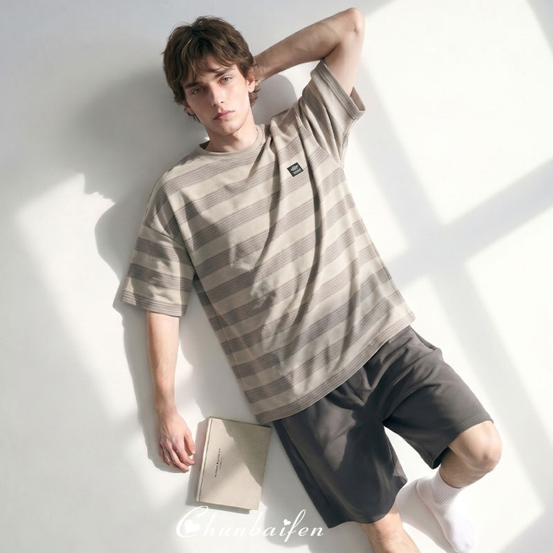 Chunbaifen Pure Cotton Pajamas for Men, New Summer Style, Short-Sleeved Shorts, Thin Casual Home Wear Set, Can Be Worn Outside