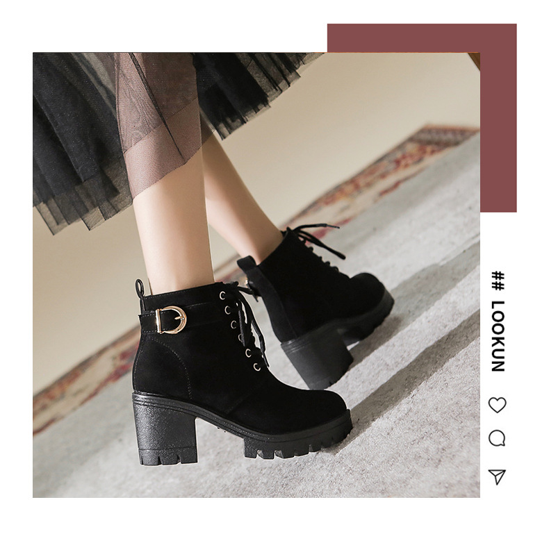 Large size autumn and winter high heeled single with belt buckle thick heel short boots fashionable style round toe_voghion.com